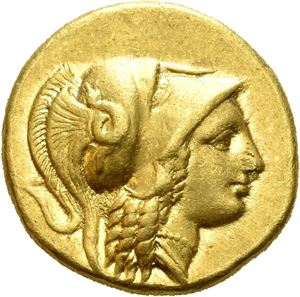 KINGS of MACEDON, Alexander III (336-323 BC). AV stater (8,54 g). Struck in Amphipolis circa 330-320 BC. Head of Athena in Corinthian helmet right / A?E?AN?POY, Nike standing left, holding wreath and stylis; thunderbolt to left. Some original luster preserved in reverse field.