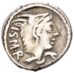 L. THORIUS BALBUS 105 f.Kr., denarius. Hode av Juno Sospita mot høyre kledd i geiteskinn/Okse mot høyre