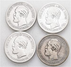 Oscar II, lot 4 stk. 1 krone 1889, 1890, 1892 og 1893