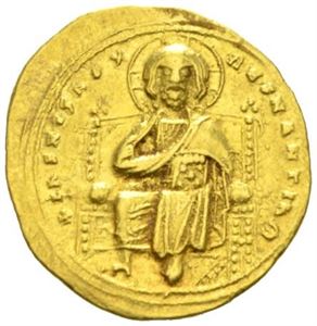 ROMANUS III 1028-1034, histamenon nomisma (4,41 g). Kristus på trone/Jomfruen og Romanus stående.