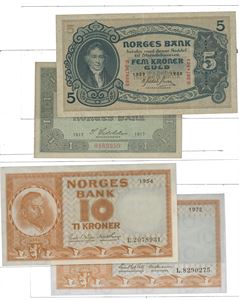 Lott 4 stk. 1 krone 1917, 5 kroner 1939 R, 10 kroner 1954 E og 1972 L