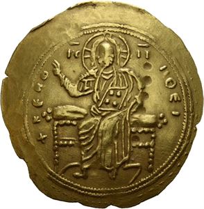 Alexius I, Comnenus 1081-1118, AV hyperpyron, Constantinople 1092-1118 (4,45 g). Christ enthroned facing wearing nimbus with cross, pallium and colobium/Alexius standing facing crown, divitision, jewelled chlamys and holding labarum and globus with cross