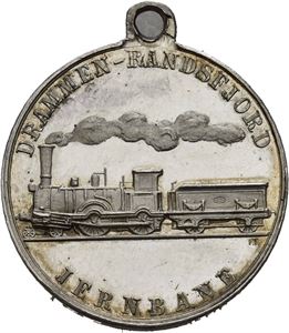 Drammen-Randsfjord jernbane 25 års jubileum 1891. Sølv med hempe. 23 mm