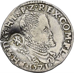 Holland, under stenderopprøret 1572-1581, Philip II 1555-1598, 1/10 philipsdaler fra Flandern 1571, Brugge. Kontramarkert med Hollands løve