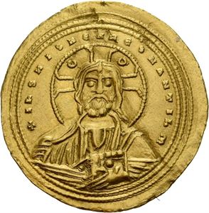 Basil II Bulgaroktonos 976-1025, histamenon nomisma, Constantinople 1005-1025 e.Kr. (4,38 g). Byste av Kristus/Byster av Basil II og Constantin VIII. Har vært buklet/has been creased