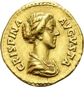 Crispina. Augusta, AD 178-182. AV aureus, struck under Commodus, Roma AD 178-182, (7,13 g). Draped bust of Crispina right / VENUS * FELIX, Venus seated left, holding cupid in extended hand and resting on sceptre; dove below throne. Well struck on a large flan. Scarce.