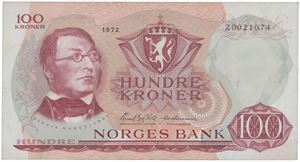 100 kroner 1972. Z0021674. Erstatningsseddel/replacement note.