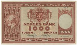 1000 kroner 1949. A.0353093. Liten flekk på revers/small stain on reverse