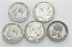 Lot 5 stk. 1 krone 1877, 1890, 1901, 1908 og 1914