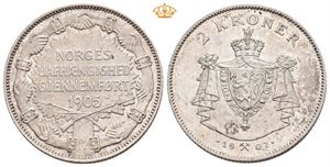 2 kroner 1907, med gevær. Lett renset på advers/slightly cleaned on obverse