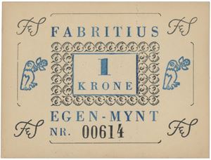 Fabritius. 1 krone egen-mynt. Nr. 00614.