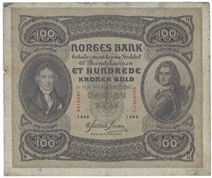 100 kroner 1943 C 1934106.  Litt skitten.