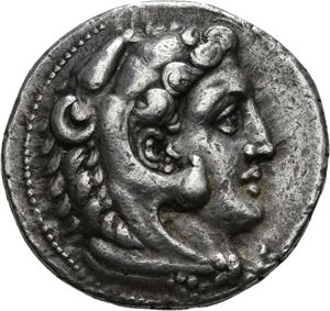 MAKEDONIA, Alexander den store 336-323 f.Kr., tetradrachme, Myriandrus (17,17 g). Hode av Herakles mot høyre kledd i løveskinn/Zeus sittende mot venstre