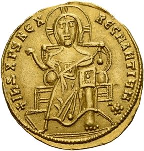 Romanus I (& Christopher) 920-944, solidus, Constantinople 921-931 e.Kr. (4,53 g). Kristus sittende på trone/ Byster av Romanus og Christopher
