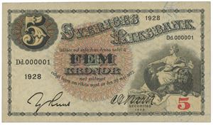 5 kronor 1928. No. Dd 000001 L