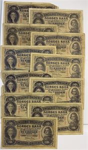 Lot med 11 eks 10 kroner II utgave