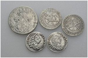 Lot 5 stk. 24 skilling 1740, 8 skilling 1703, 1709, 1729 og 1731