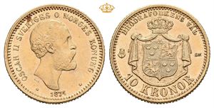 Oskar II, 10 kronor 1874. Flekk på advers/spot on obverse