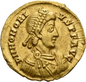 Honorius 393-423, solidus, Milano 402-403 e.Kr.(4,43 g).  R: Honorius stående