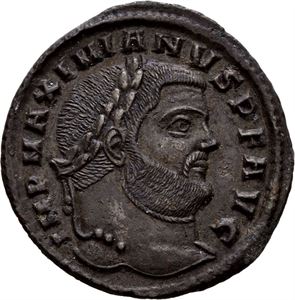 Maximianus  286-310, Æ follis, Siscia 301-302 e.Kr. R: Moneta stående mot venstre