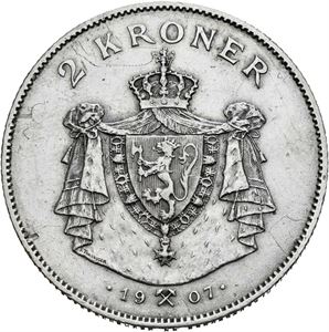 2 kroner 1907, med geværer. Små riper/minor scratches