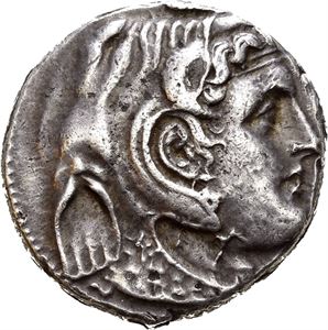 PTOLEMAIC KINGS of EGYPT. Ptolemy I Soter (as satrap, 323-305/4 BC). AR tetradrachm (15.75 g). In the name of Alexander III of Macedon. Struck circa 306-300 BC in Alexandria. Diademed head of the deified Alexander right, wearing elephant skin headdress / ??????????. Athena Alkidemos advancing right, brandishing spear and shield; eagle standing on thunderbolt and Corinthian helmet in right field; monogram in inner right field. Toned.