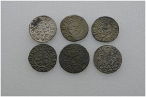 Lot 6 stk. 2 skilling 1691, 1716, 1 skilling 1652, 1654, 1658 og 1659 (?)