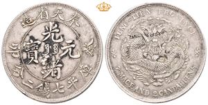 Qing Dynasty. Guangxu Emperor. Fengtien Province. Dollar år 40 (=1903). Kontramarkert og liten kantskade/countermark and minor edge nick