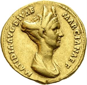Matidia. Augusta, AD 112-119. AV aureus struck under Trajan, Roma AD 112, (7,08 g). Diademed and draped bust of Matidia right / PIETAS AVGVST, Pietas standing facing, head left, holding hands on the heads of two children. A few almost invisible hairlines. Struck on a large flan. Rare.