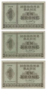 Lot 3 stk. 1 krone 1941 B, 1946 I og 1947 I