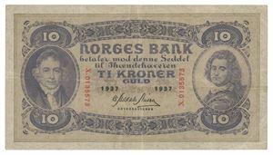 10 kroner 1937. X0135573. R.