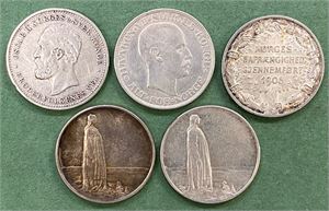 Lot 5 stk. 2 kroner 1902, 1906, 1914 jubileum (2) og 1917