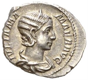 JULIA MAMAEA d. 235 e.Kr., denarius, Roma 227 e.Kr. R: Vesta stående mot venstre
