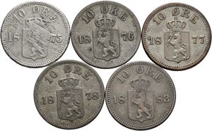 Norge, lot 5 stk. 10 øre 1875, 1876, 1877, 1878 og 1883