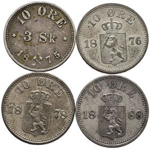 10 øre / 3 skilling 1875, 10 øre 1876, 78 og 80