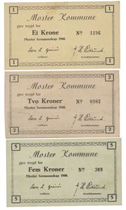 Moster Kommune, lot 3 stk. 5-, 2- og 1 krone 1940