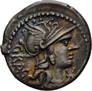 L. Antestius Gragulus 136 f.Kr., denarius. Hode av Roma mot høyre/Jupiter i quadriga mot høyre