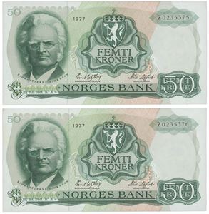 50 kroner 1977. Z0235375-76. Erstatningssedler, 2 stk. i nummerrekkefølge.