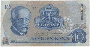 10 kroner 1972. QB0068148. Erstatningsseddel, uvanlig.