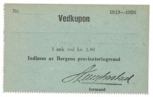 Bergen provianteringsraad, 1 sæk ved kr.1,80, 1919-1920. Blankett.