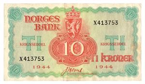 10 kroner 1944. X413753. Taperest/tape spot