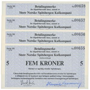 5 kroner 1978. Serie SS. Nr. 00655-00658. 4 stk. i nummerrekkefølge.