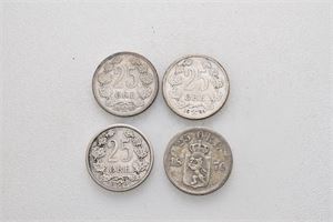 Lott 4 stk. 25 ører; 1876, 1899, 1902 og 1904