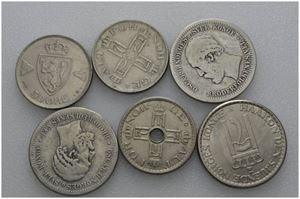 Lot 6 stk. 1 krone 1877, 1887, 1957, 50 øre 1922 u/h (2) og 1941 CuNi