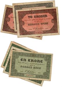 Lot 7 stk. 2 kroner 1918 (3) og 1 krone 1917 (4)