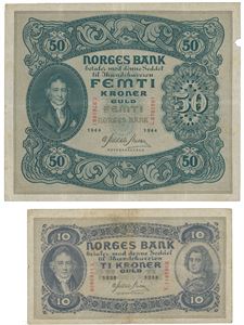 Lott 2 stk. 50 kroner 1944 C.9761881 og 10 kroner 1938 Y.1185608.