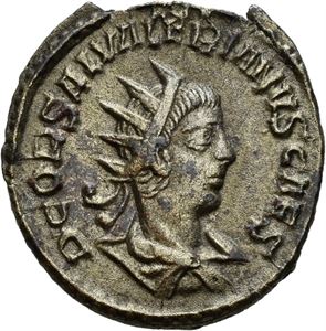 Saloninus 260 e.Kr., antoninian, østlig mynt 258 e.Kr. R: Jupiter stående mot venstre gir Victoria til Saloninus stående mot venstre. Kantskade/edge crack