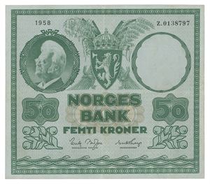 Norway. 50 kroner 1958. Z0138797. R. Erstatningsseddel/replacement note. Ørliten brettrift i marg oppe/small tear in upper margin