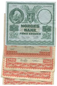 Lot 5 stk. 100 kroner 1947 B, 1949 A, 1951 B, 1953 C og 50 kroner 1965 F. (de 4 siste er 4. utgave)