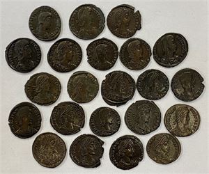 LOT #20. 22 AE folles of Constantius II. Most with appealing dark brown patina. Total of 22 coins in lot.